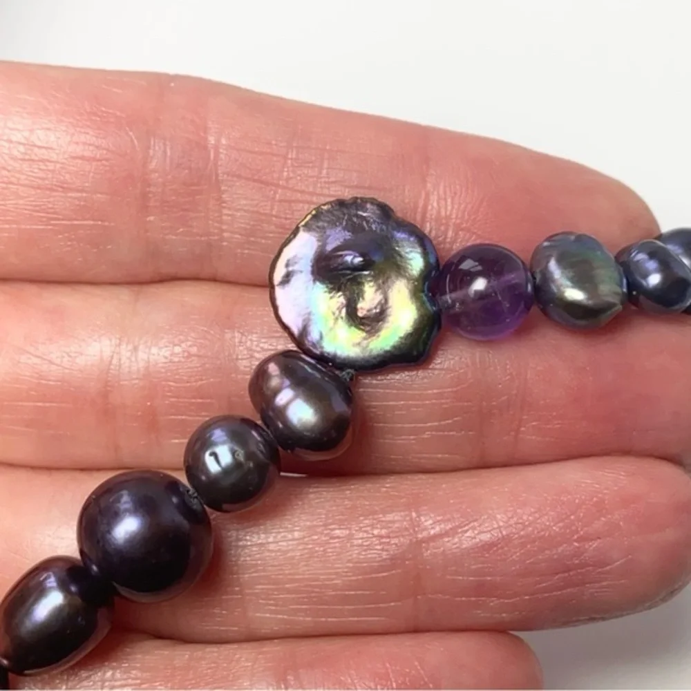 Genuine Freshwater Peacock Baroque Pearls & Amethyst Beads 925 Silver‎ Bracelet
